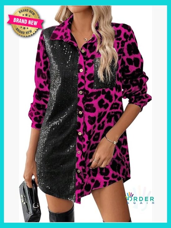 Tops - Leopard Print Sequin Button Down Long Sleeve Blouse Y2K Tunic Top
